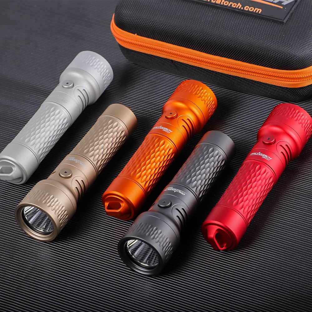 Five flashlights in different colors with a carrying case on a textured surface