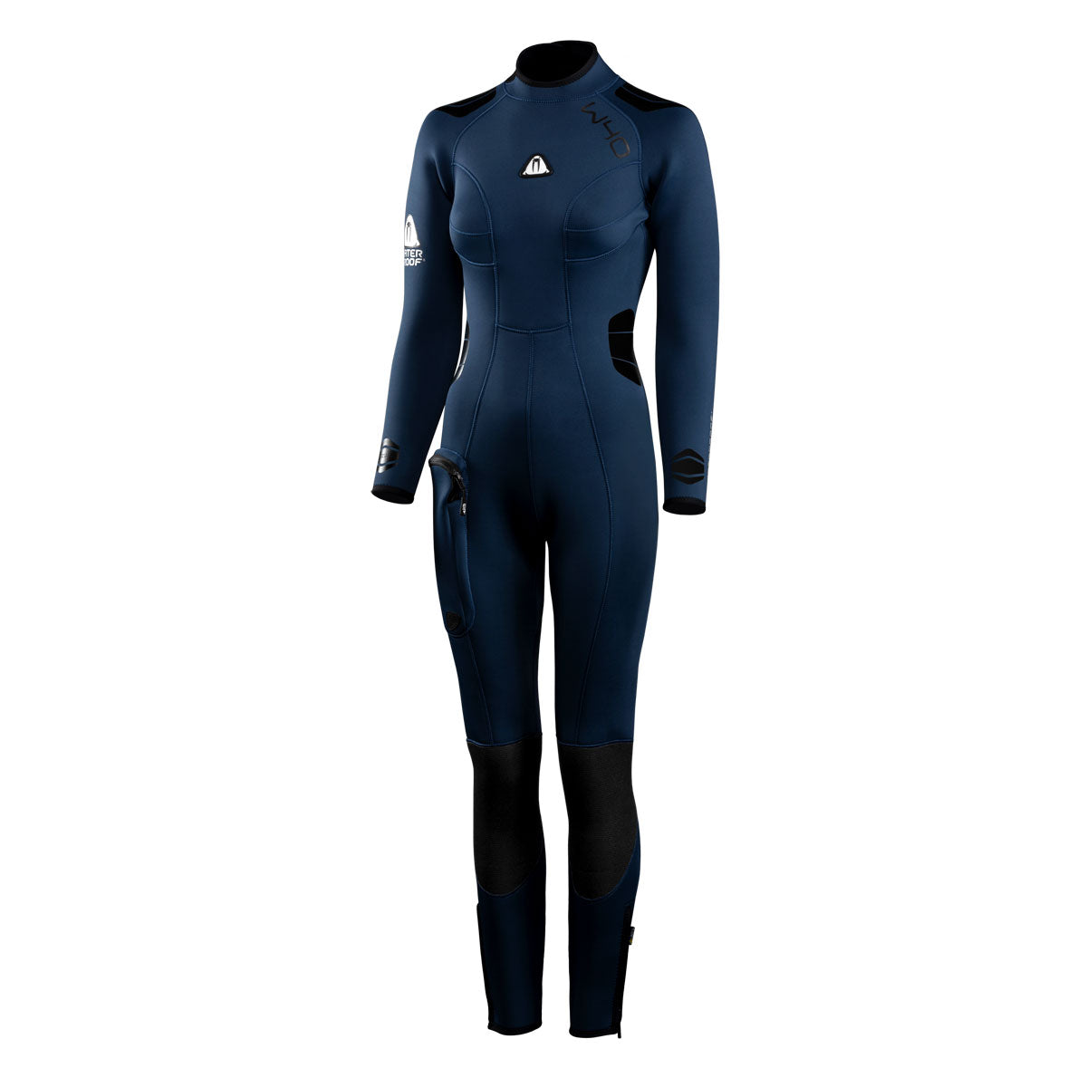 A navy blue women's wetsuit on a white background