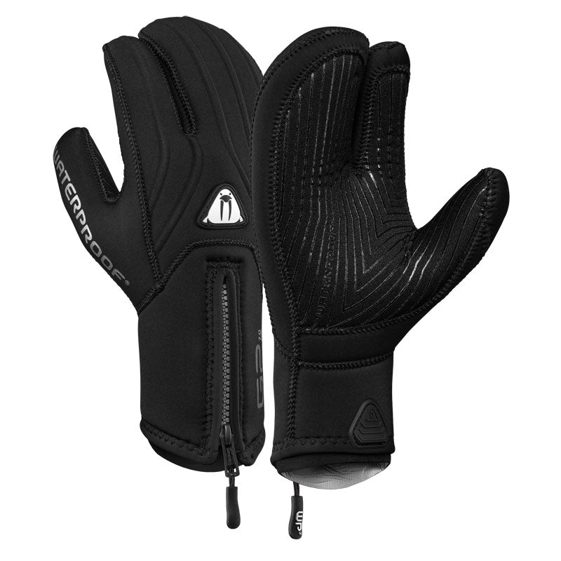 Neoprene black mittens with a zipper on the wrist afront a white backround