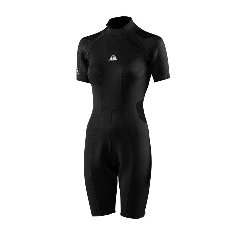 A black women's short wetsuit with ergonomic cuts along the waist on a white background