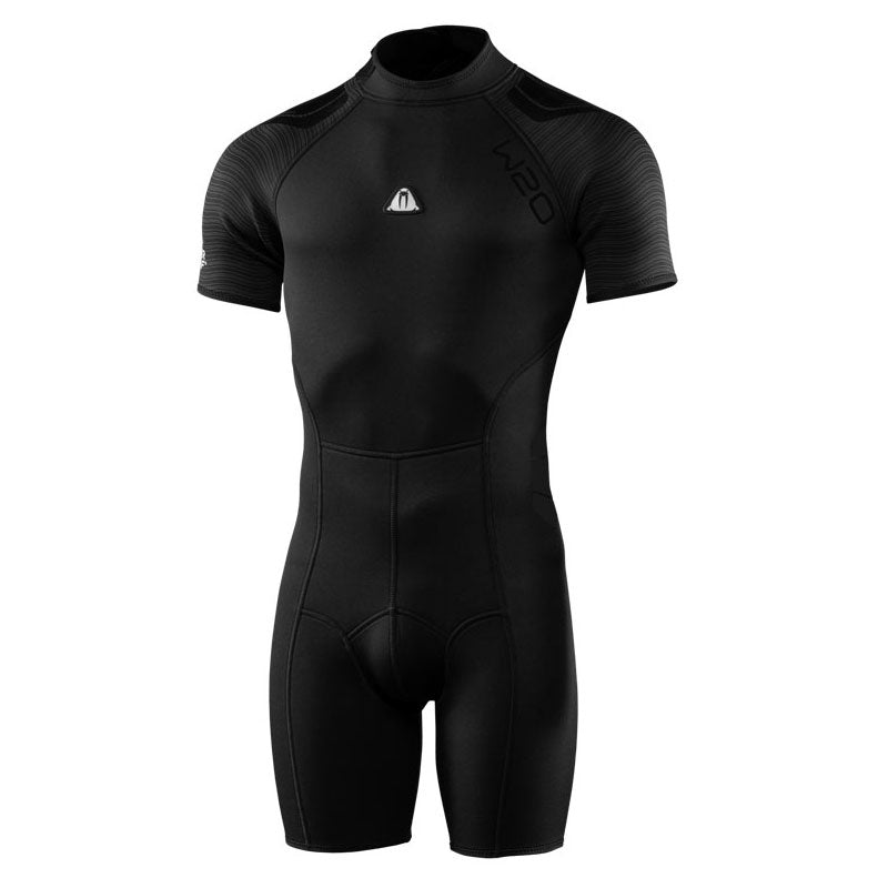 A short mens wetsuit in black with ergonomic stitching on a white background