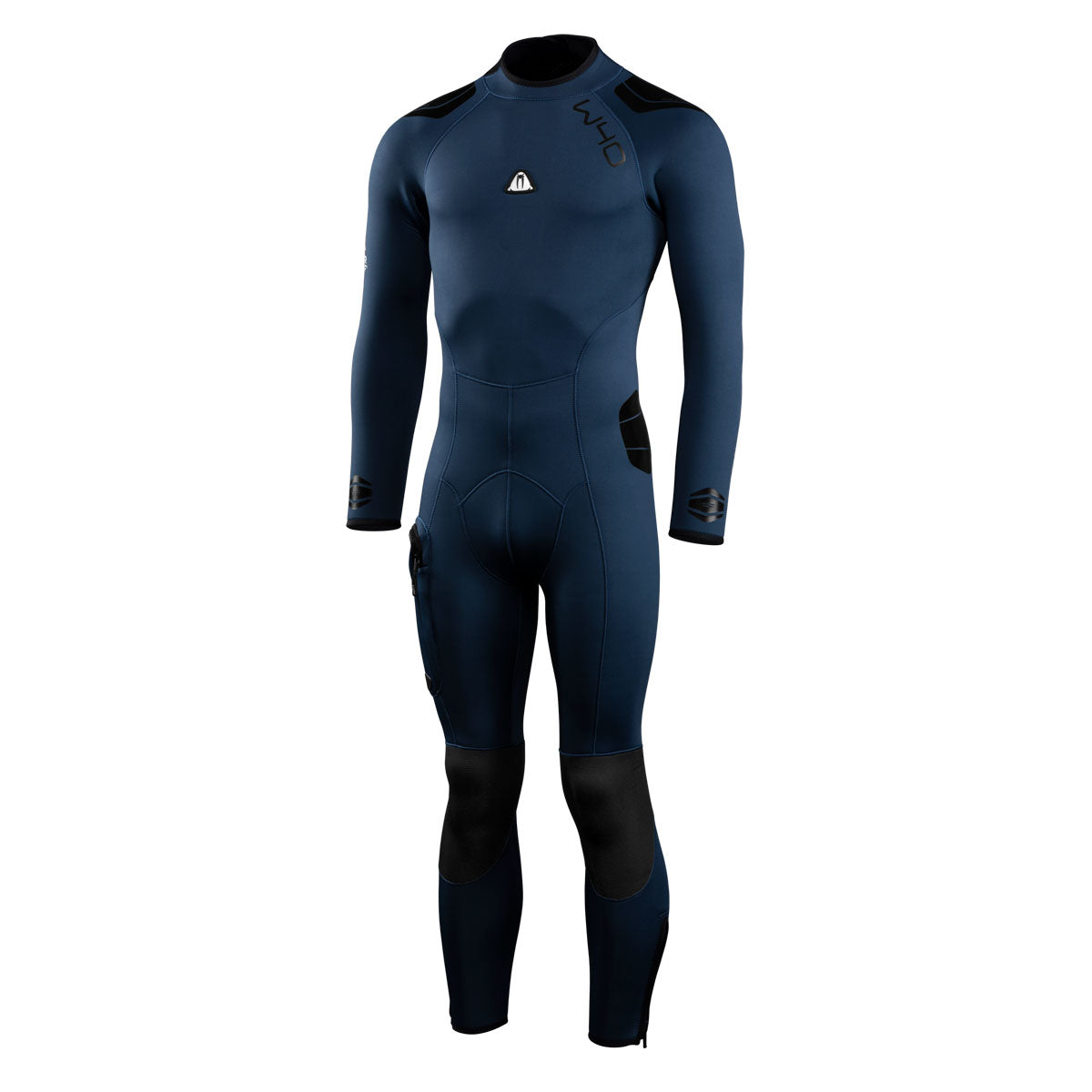 A full-body navy blue wetsuit with black reinforced panels on the shoulders, elbows, and knees, featuring a small white logo on the chest, displayed on a solid white background.