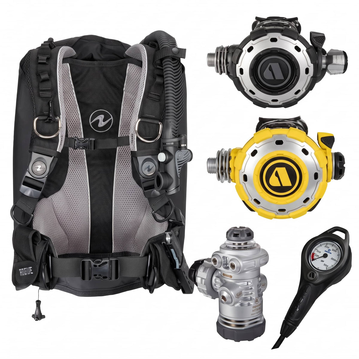 Aqualung Rogue BCD package with Apeks MTX-RC regulator, octopus and pressure gauge