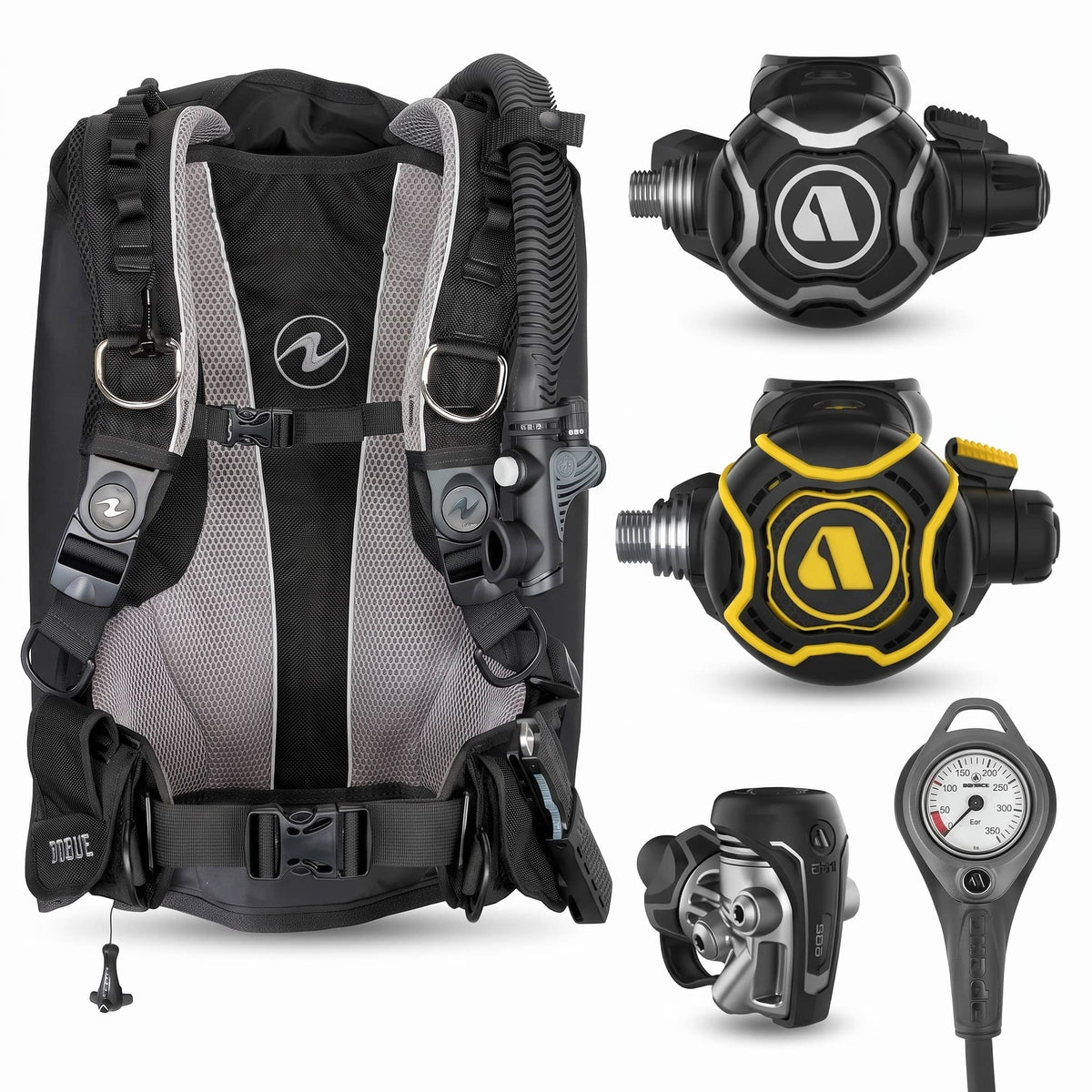 Aqualung Rogue BCD package with Apeks EVX200 regulator, octopus and pressure gauge