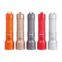 Five flashlights in orange, bronze, silver, red, and white on a white background