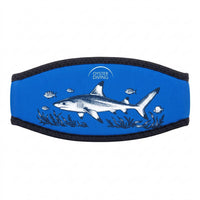 Oyster Diving blue neoprene mask strap cover printed with a white reef shark, striped fish and seagrass, Oyster Diving logo at the top