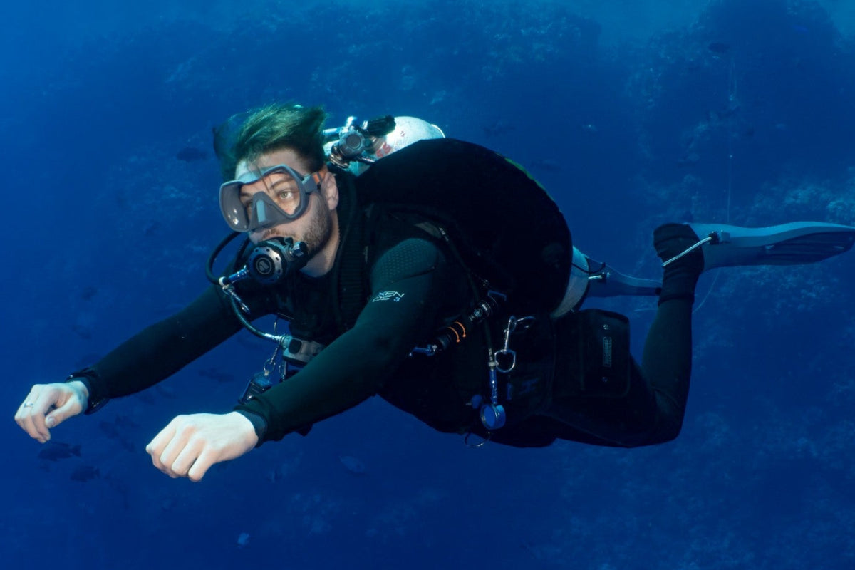 Diver in the blue in front of a reef wall