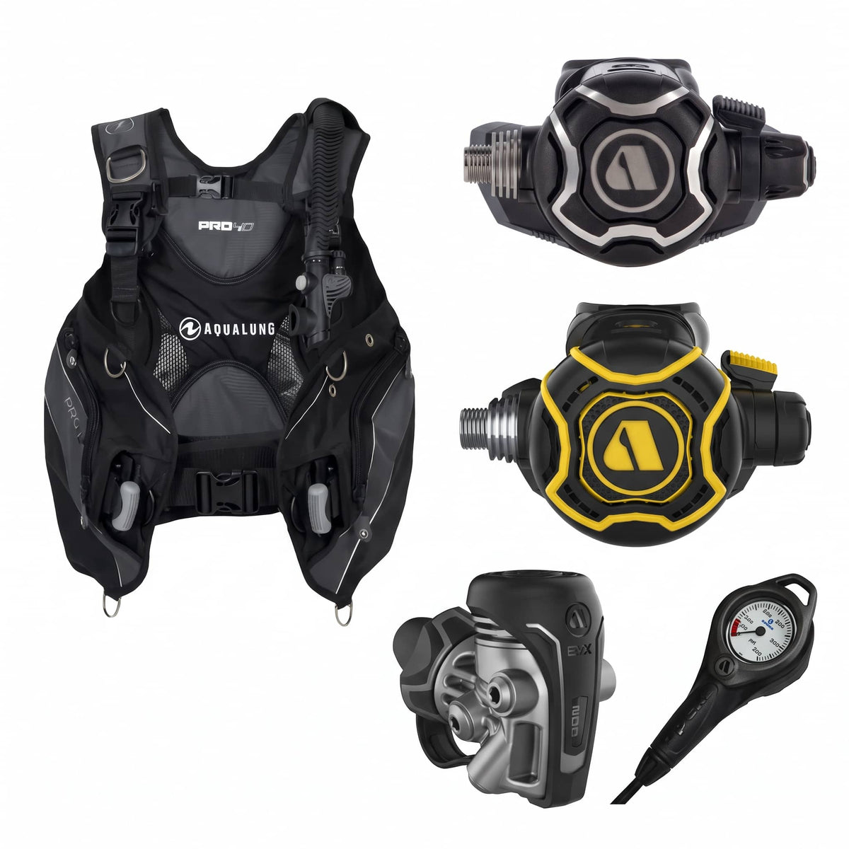 Aqualung Pro HD BCD package with Apeks EVX200 regulator, octopus and pressure gauge