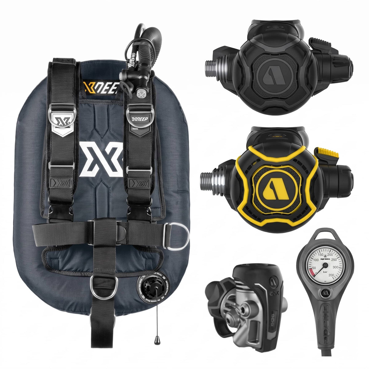 XDEEP Zeos 38 wing package with Apeks EVX200 regulator, octopus and pressure gauge